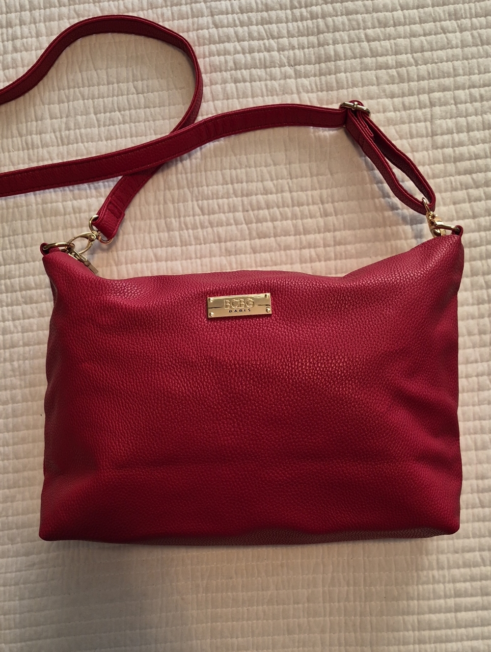 BCBGMaxAzria Vibrant Red Pebbled Leather Crossbody Bag with Gold Signature